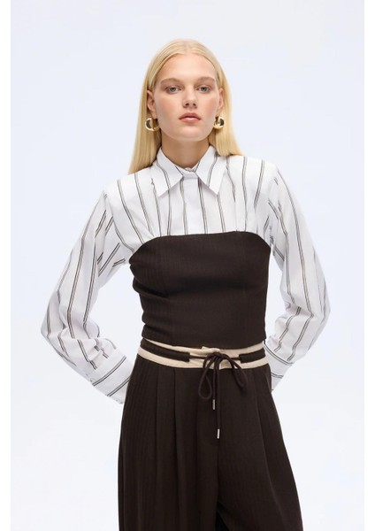 Kadın Çizgili Gömlek Garnili Büstiyer Bluz Kahverengi fırsatları