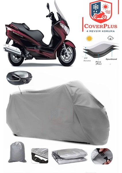 Suzuki Burgman 200 Arka Çanta Uyumlu (Gri) Motorsiket Brandası Motor Örtüsü Çadır Su Geçirmez Motosiklet Kılıfı Motor Brandası