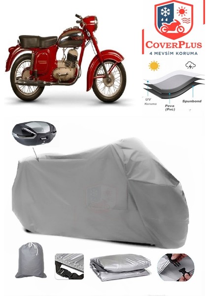 Jawa 250 Classic Arka Çanta Uyumlu (Gri) Motorsiket Brandası Motor Örtüsü Çadır Su Geçirmez Motosiklet Kılıfı Motor Brandası