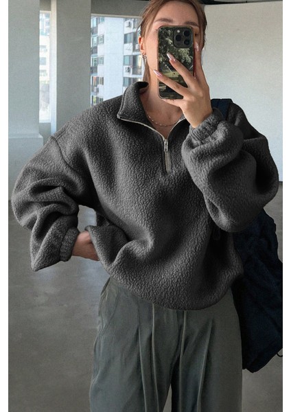 Kadın Ultra Isı Peluş Sherpa Oversize Yarım Metal Fermuar Lastik Ayarlı Polar Sweatshirt