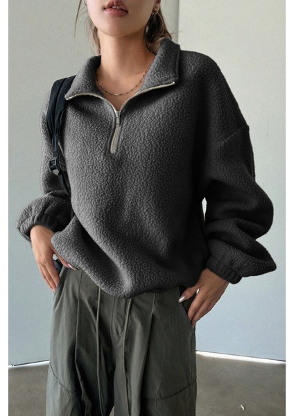 Kadın Ultra Isı Peluş Sherpa Oversize Yarım Metal Fermuar Lastik Ayarlı Polar Sweatshirt fiyatları