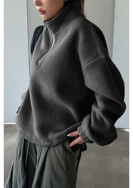 Kadın Ultra Isı Peluş Sherpa Oversize Yarım Metal Fermuar Lastik Ayarlı Polar Sweatshirt modelleri