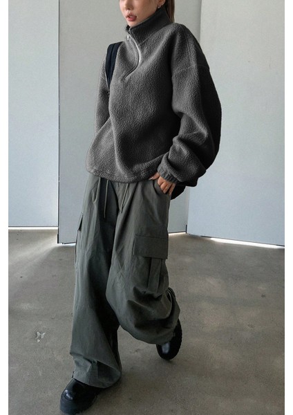 Kadın Ultra Isı Peluş Sherpa Oversize Yarım Metal Fermuar Lastik Ayarlı Polar Sweatshirt fırsatları