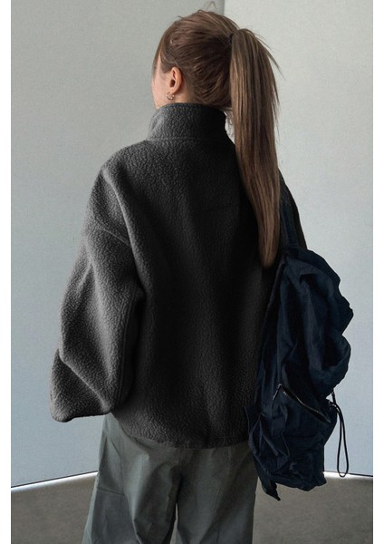 Kadın Ultra Isı Peluş Sherpa Oversize Yarım Metal Fermuar Lastik Ayarlı Polar Sweatshirt indirimleri