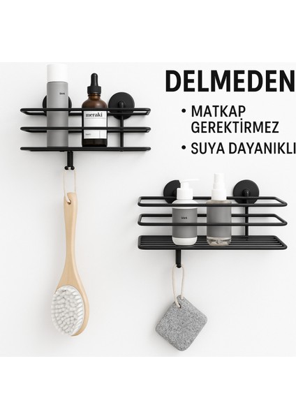Güçlü Yapışkanlı Metal Kancalı Siyah Banyo Rafı 2 Adet