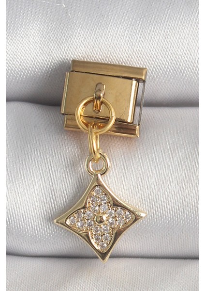 316L Çelik Gold Renk Sallantı Zirkon Taşlı Çiçek Işlemeli Nomination Charm - TJ-BC1355