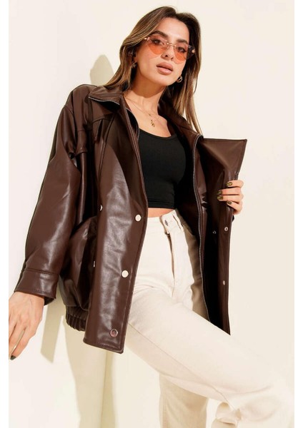 Kadın Kruvaze Yaka Deri Ceket Kahverengi