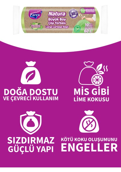 Natura Büzgülü Çöp Torbası Büyük Boy 10'lu 65 x 70 cm modelleri