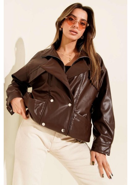 Kadın Kruvaze Yaka Deri Ceket Kahverengi fiyatları
