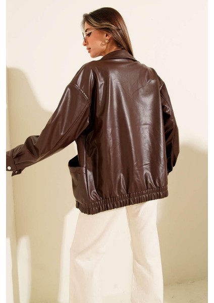 Kadın Kruvaze Yaka Deri Ceket Kahverengi fırsatları