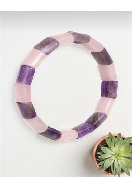 Ametist-Pembe Kuvars Doğal Taş Roleks Bileklik 12 x 15 mm Özel Kesim