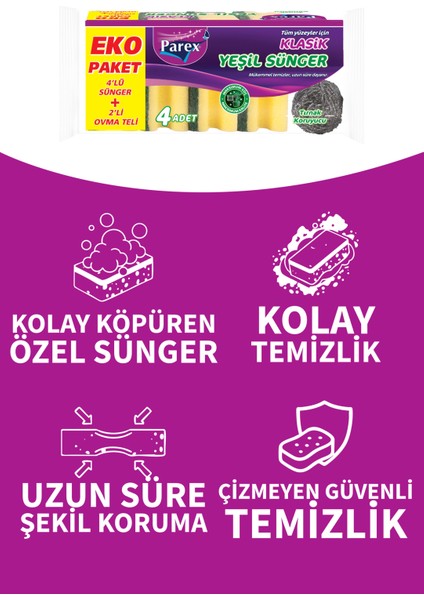 Klasik Yeşil Sünger Oluklu 4'lü + 2’li Ovma Teli fiyatları