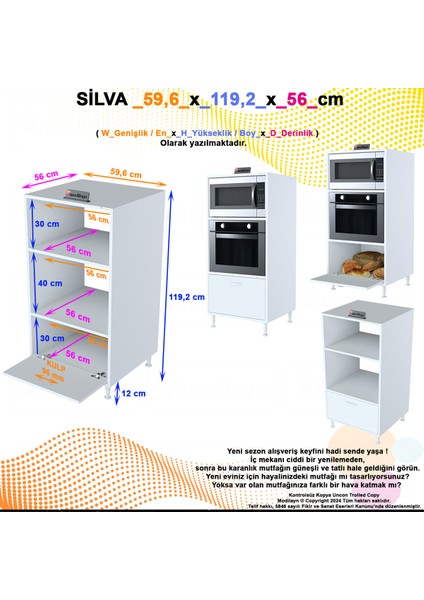 Silva 59,6 x 119,2 x 56 cm Tek Kapaklı Ankastre Fırın ve Mutfak Dolabı