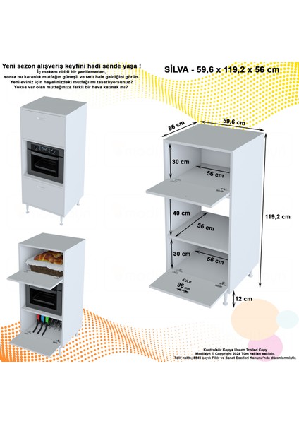 Silva 59,6 x 119,2 x 56 cm Çift Kapaklı Ankastre Fırın ve Mutfak Dolabı
