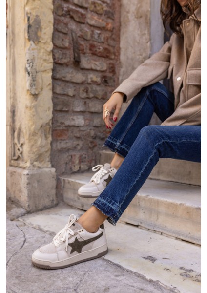 Samsa Kadin Beyaz Gercek Deri Yıldız Detay Sneaker