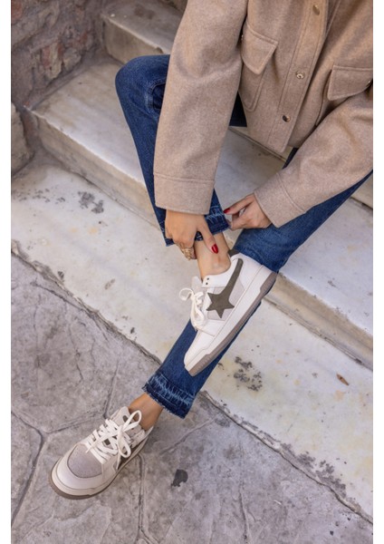Samsa Kadin Beyaz Gercek Deri Yıldız Detay Sneaker