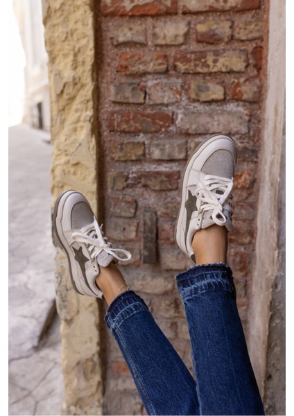 Samsa Kadin Beyaz Gercek Deri Yıldız Detay Sneaker