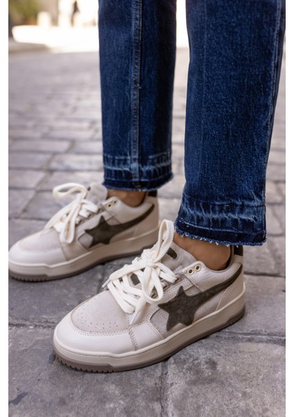 Samsa Kadin Beyaz Gercek Deri Yıldız Detay Sneaker