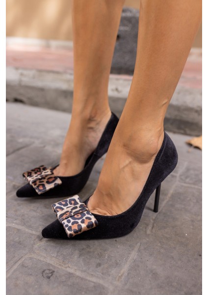 Kadın Leopar Siyah Fıyonk Topuklu Ayakkabi
