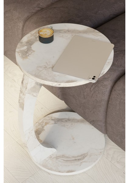 Tekerlekli C Tasarım Beyaz Mermer Yan Sehpa Modern Hareketli Orta Sehpa Salon ve Oturma Odası Masası