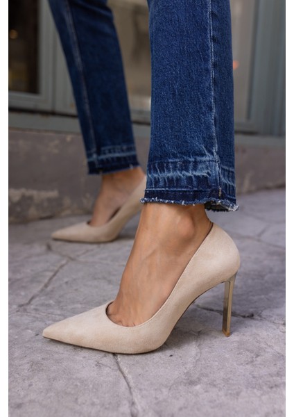 Moli Kadın Bej Suet Galvanız Okçeli Topuklu Stıletto modelleri