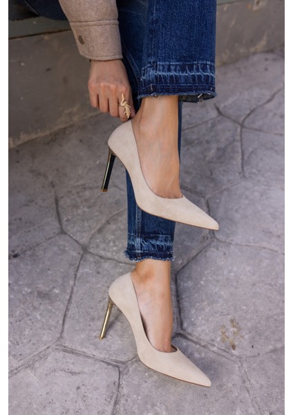 Moli Kadın Bej Suet Galvanız Okçeli Topuklu Stıletto indirimleri