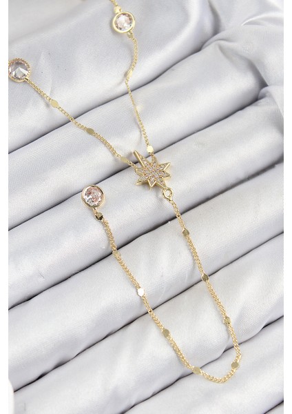 Pirinç Zirkon Taşlı Kutup Yıldızı Model Gold Renk Y Kolye