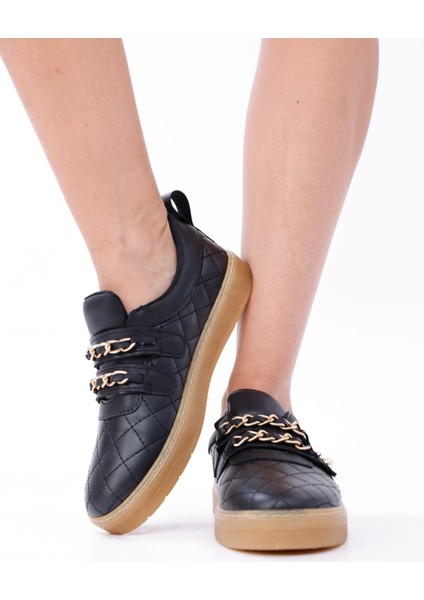 Kadın Sneaker Rahat Altın Renkli Zincir ve Inci Detaylı Cırtlı Spor Ayakkabı fiyatları