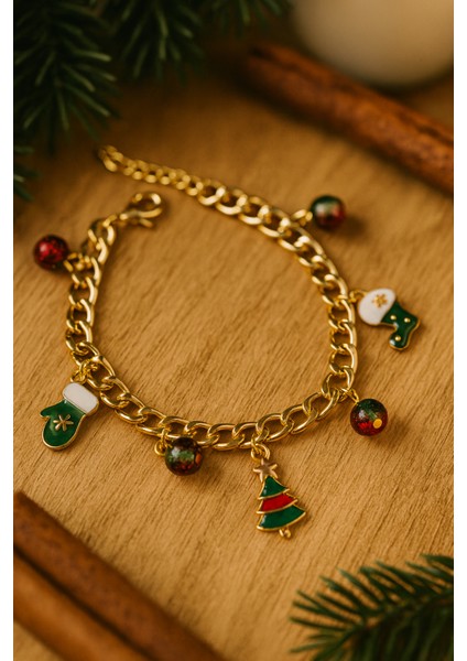 Göksunun Izi Yılbaşı Temalı Altın Tonlu Zincir Charm Kadın Bileklik