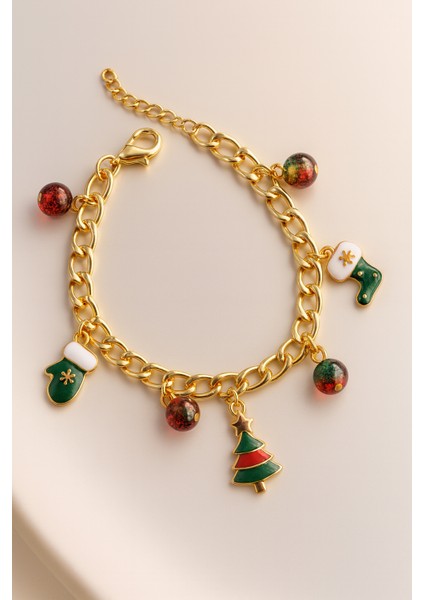 Göksunun Izi Yılbaşı Temalı Altın Tonlu Zincir Charm Kadın Bileklik