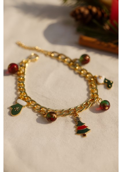 Göksunun Izi Yılbaşı Temalı Altın Tonlu Zincir Charm Kadın Bileklik