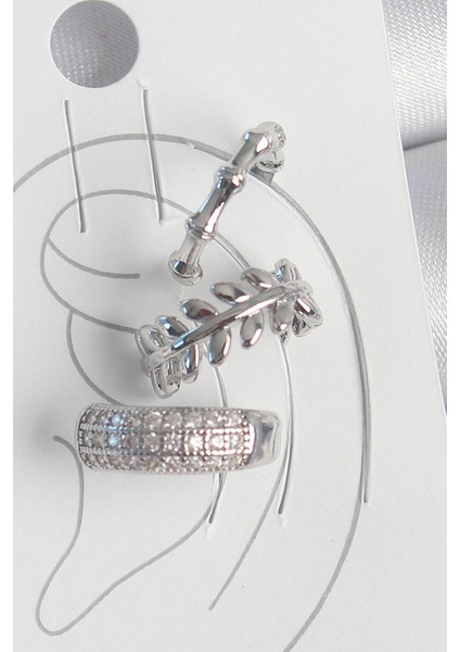 Pirinç Gümüş Renk Zirkon Taşlı 3'lü Model Yaprak Figür Kadın Kıkırdak Küpe - TJ-BKP10564