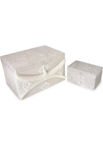 Kadife Dantelli Söz Nişan Düğün Çeyizlik Gelin Bohça Sandık Seti (Büyük+Küçük) - Taş