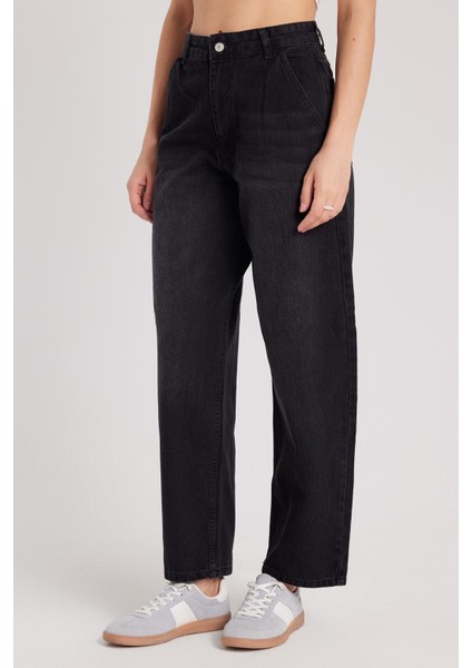 Kadın Regular Fit Yan Cepli Baggy Balon Siyah Jean Kot Pantolon