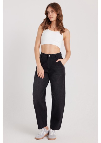 Kadın Regular Fit Yan Cepli Baggy Balon Siyah Jean Kot Pantolon fırsatları