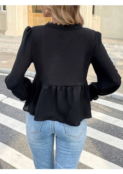 Kadın Uzun Kollu V Dantel Yaka Aerobin Bluz fırsatları