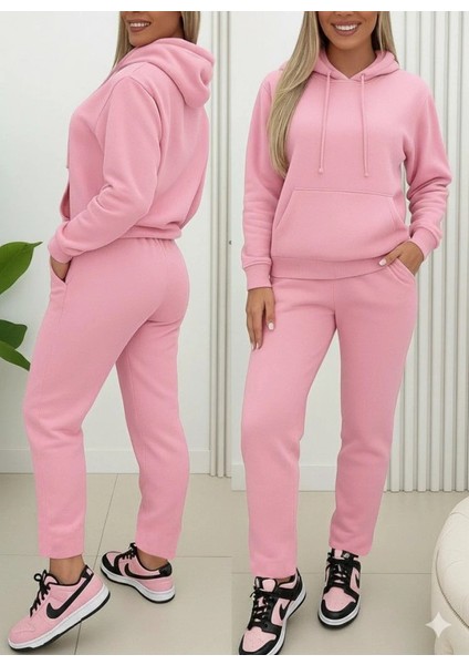 Kadın Uzun Kollu Kapşonlu Bağcıklı Üç Iplik Bluz ve Pantolon Ikili Takım