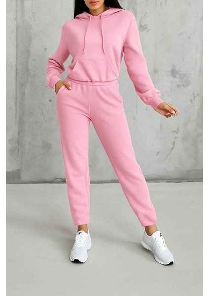 Kadın Uzun Kollu Kapşonlu Bağcıklı Üç Iplik Bluz ve Pantolon Ikili Takım fiyatları