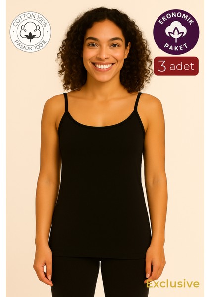 Kadın Pamuklu Ribana İp Askılı Klasik Atlet 3'lü Paket – Esnek & Rahat | Siyah K0107