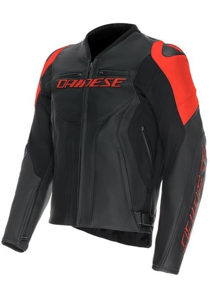 Racing 5 Black Red Fluo Korumalı Deri Motosiklet Mont