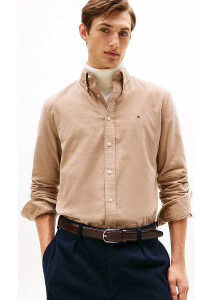 Erkek Regular Fit Düğmeli Yaka Kadife Gömlek - Bej