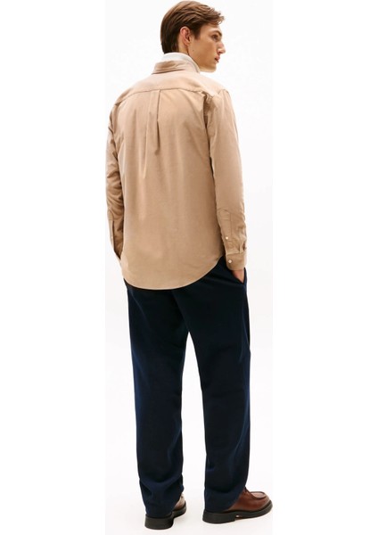 Erkek Regular Fit Düğmeli Yaka Kadife Gömlek - Bej modelleri