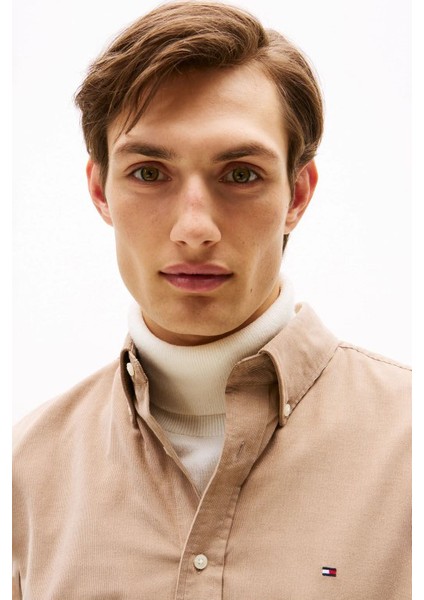 Erkek Regular Fit Düğmeli Yaka Kadife Gömlek - Bej fırsatları