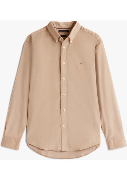 Erkek Regular Fit Düğmeli Yaka Kadife Gömlek - Bej indirimleri