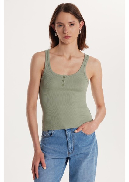 Kadın Modal Kumaş Standart Fit Ince Askılı U Yaka Düğmeli Mint Body Atlet