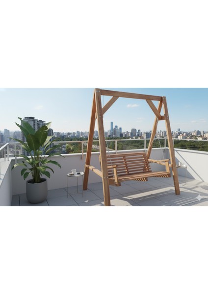 Doğal Çam Ağacından İmal – İki Kişilik Ahşap Salıncak (160X200x48x55 Cm)