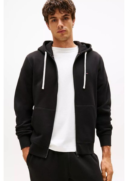 Erkek Regular Fit Kapüşonlu Kanguru Cepli Fermuarlı Sweatshirt - Siyah