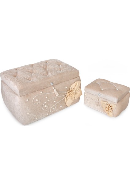 Kadife Çiçekli Söz Nişan Düğün Çeyizlik Gelin Bohça Sandık Seti (Büyük+Küçük) - Bej