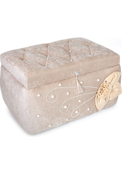 Kadife Çiçekli Söz Nişan Düğün Çeyizlik Gelin Bohça Sandık Seti (Büyük+Küçük) - Bej modelleri