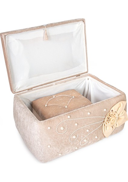 Kadife Çiçekli Söz Nişan Düğün Çeyizlik Gelin Bohça Sandık Seti (Büyük+Küçük) - Bej fırsatları